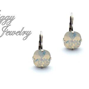 White Opal Cushion Cut 12mm Drop Earrings made with Genuine Swarovski Crystals